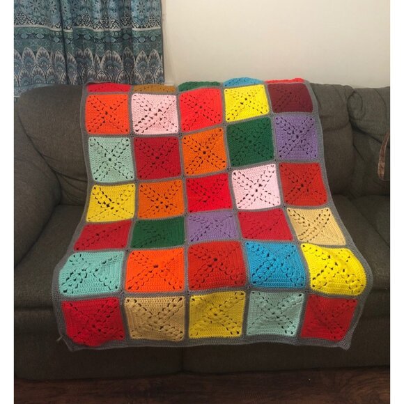 Handmade Other - Handmade Giant Granny Square Crotchet Rainbow Color Knit Throw Blanket Afghan
